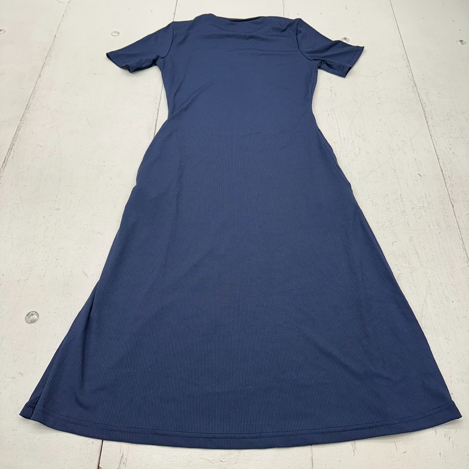 Navy Blue Solid Soft Short Sleeve Crew Neck Pocketed Dress Women’s Size Medium