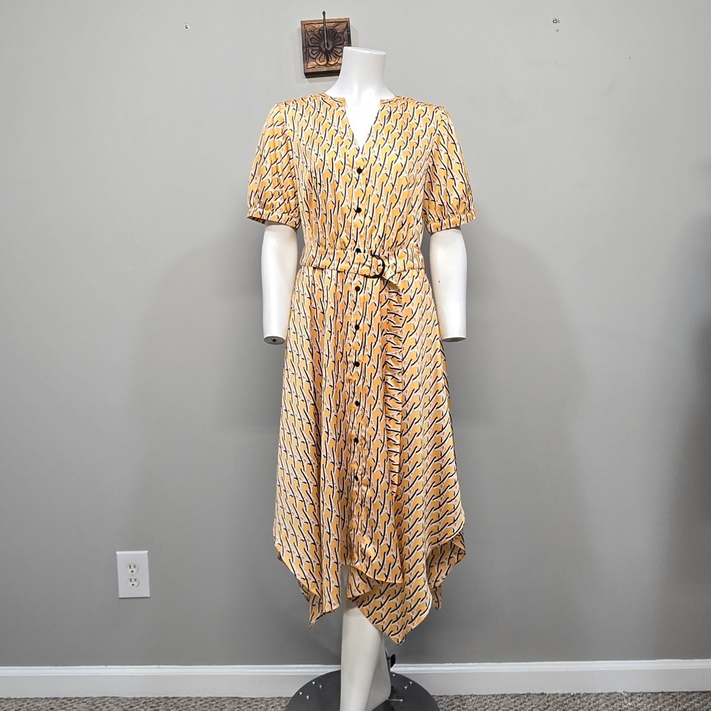 Karl Lagerfeld Paris Midi Shirt Dress 6 Yellow Eiffel Tower Handkerchief Swing
