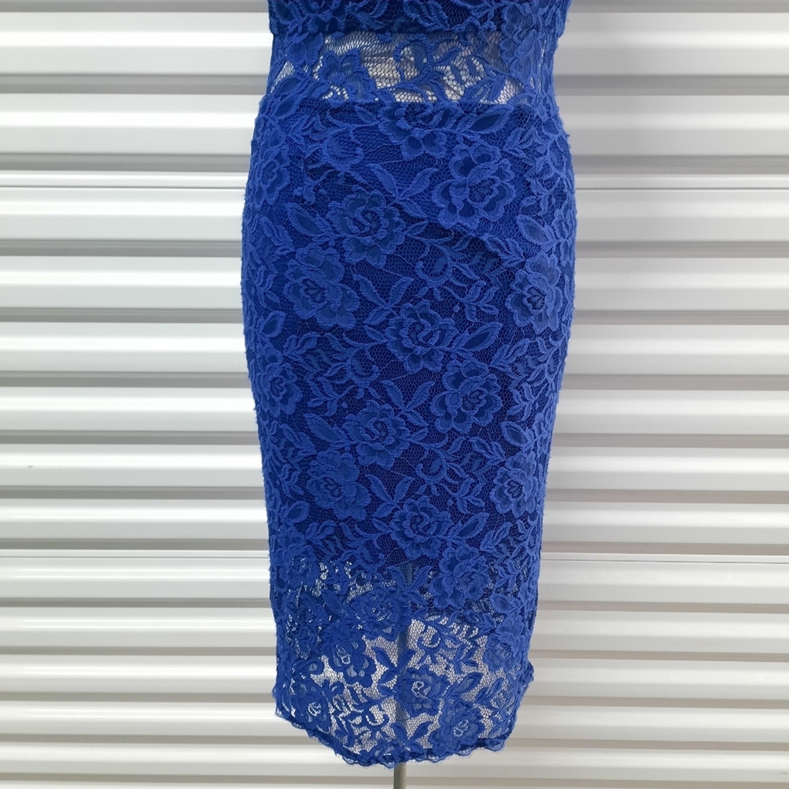 NSR Dress Womens Small Blue Lace Short Sleeve Sheer Cocktail Party Wedding