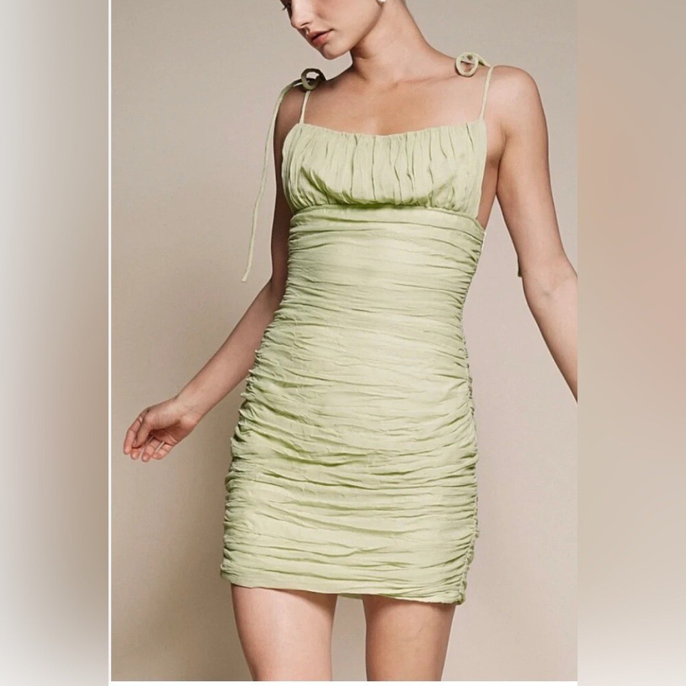 Beige Botany Ruched Bodycon Mini Dress in Whisper Sage Green – M