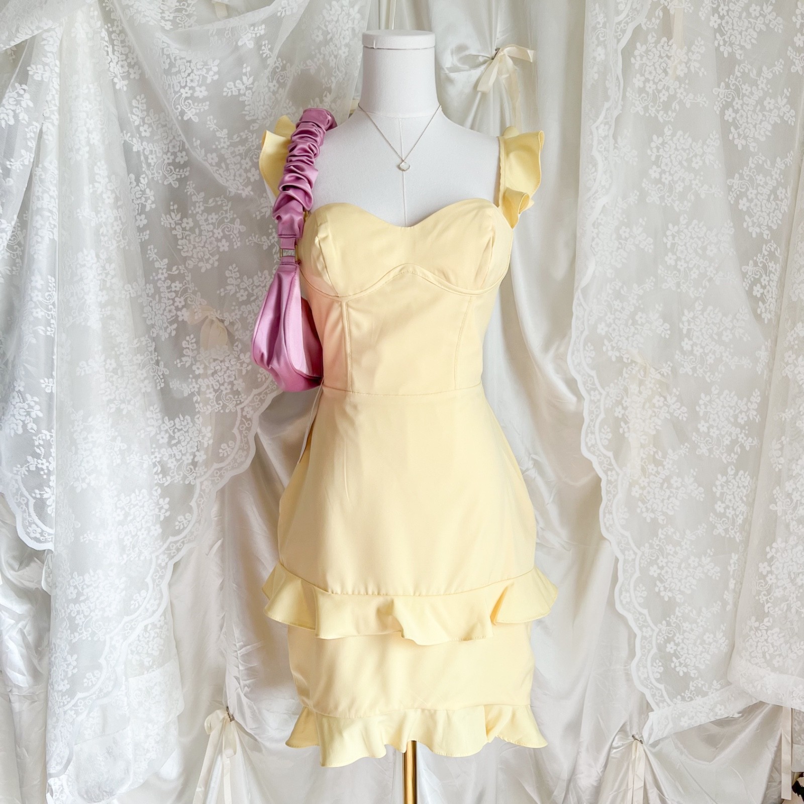 Butter Yellow Lace-Up Corset Mini Dress NWT