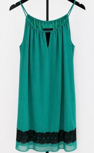 Enfocus Studio Mint Green Chiffon Shift Dress with Black Lace Hem – Size 8