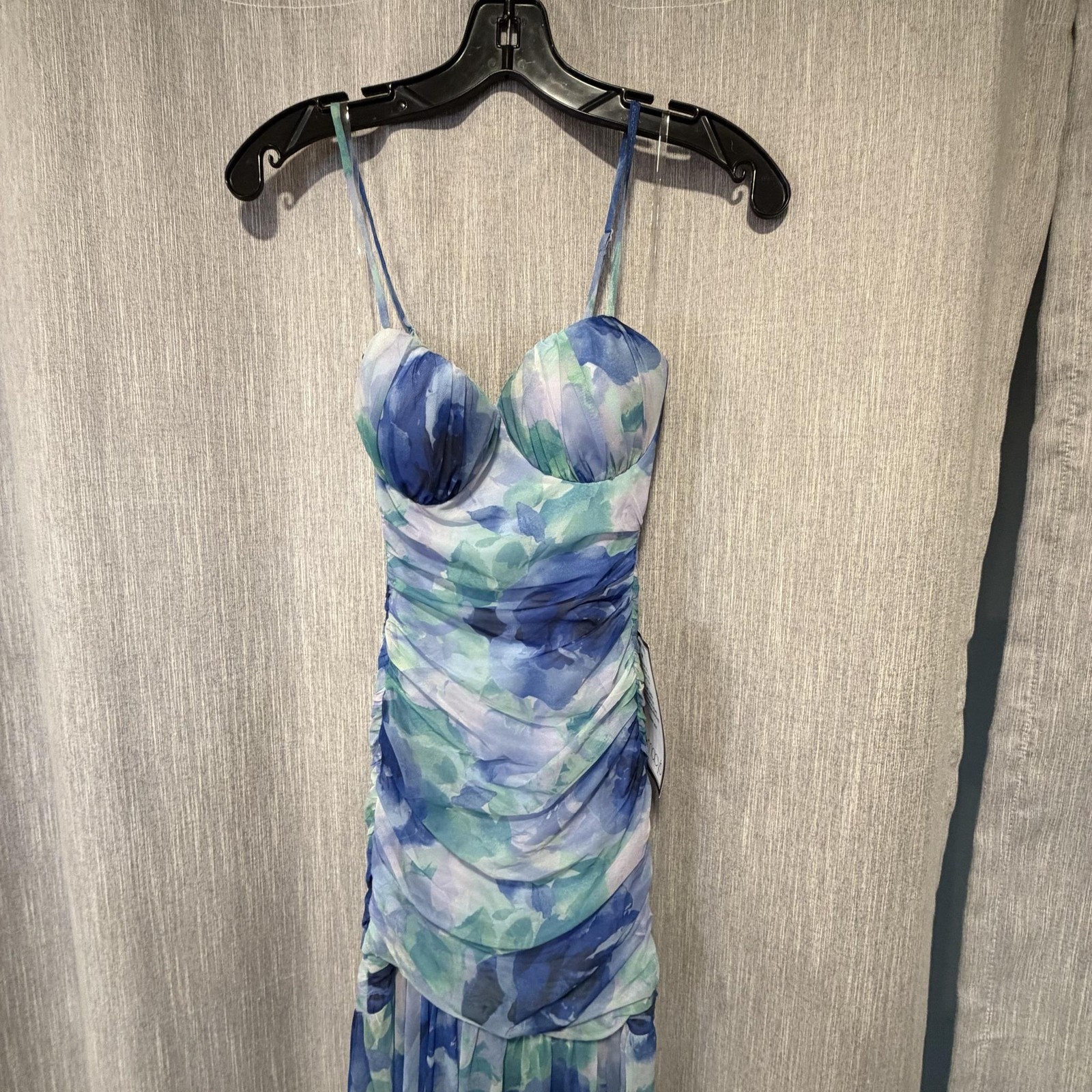 Katia Rae Dress Juniors XXS Blue Floral Ruched Sweetheart Chiffon Maxi Gown