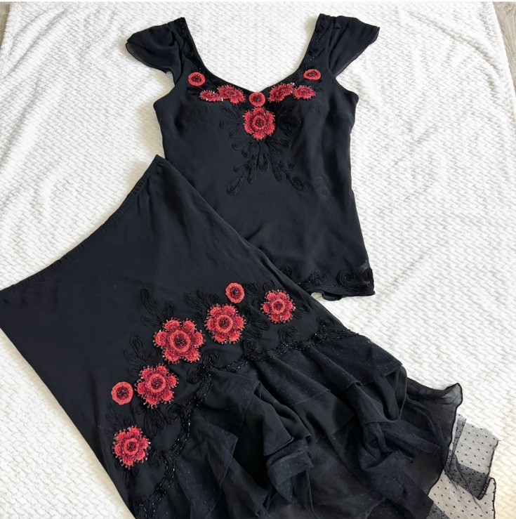 VTG Sue Wong Silk Beaded Embroidered Skirt Top Set 6 Black Whimsigoth Coquette