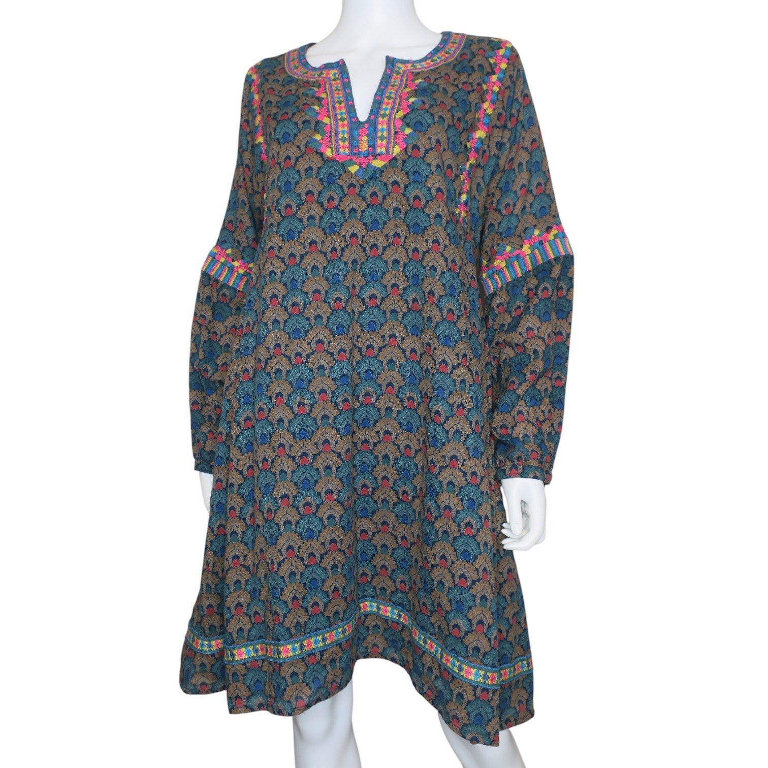 Roller Rabbit Boho Tunic Dress India Cotton Lined Pockets Embroidered Large