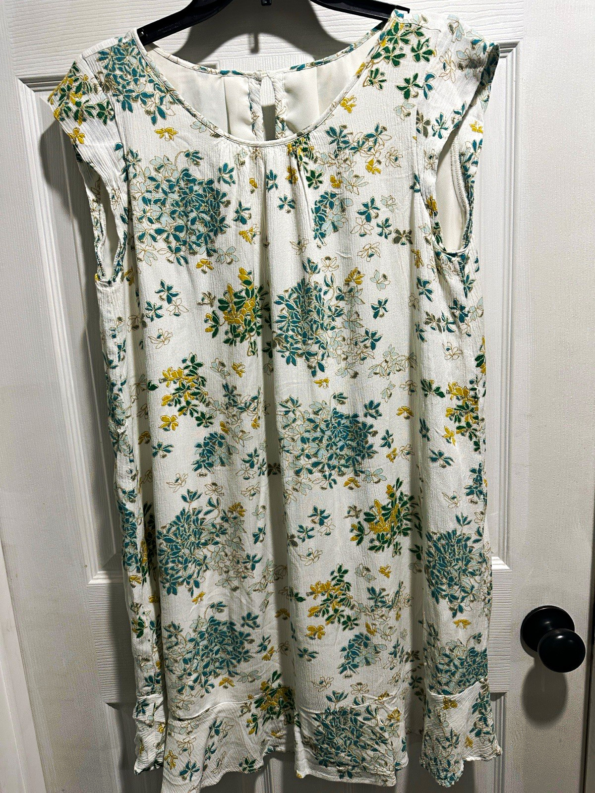 LOFT Womens White Teal Yellow Floral Round Neck Sleeveless Shift Belted M