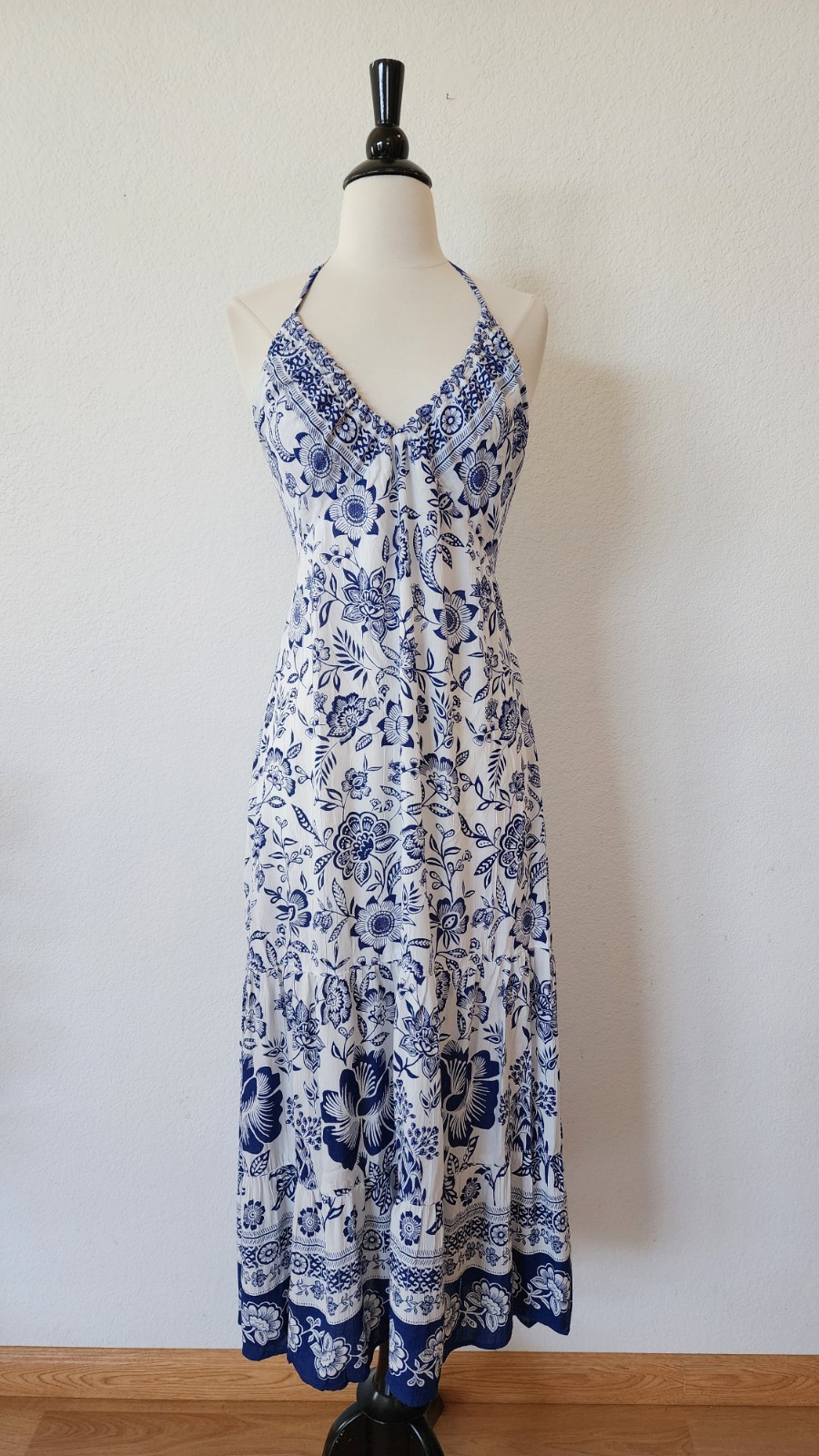 New Anthro Halter Midi Dress Size Medium White Blue Europe Italy Vacation