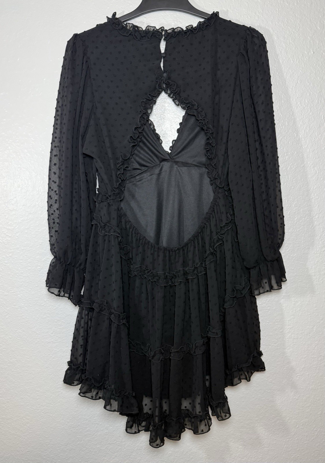 Black Polka Dot Ruffle Hi-Low Mini Dress V-Neck Bell Sleeve XL – J for Justify