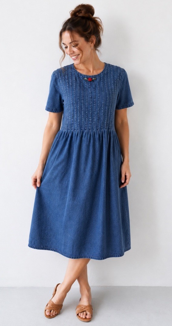 Vintage Lady Dorby Denim Dress 16W Blue Cotton Pintuck Rose Accent Cottagecore