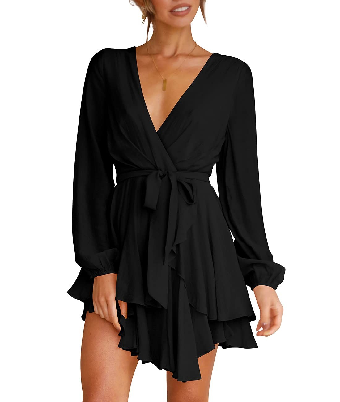 Cosonsen Skater Dress V-Neck Lantern Sleeve Tie Waist Ruffle Mini Dress Black L