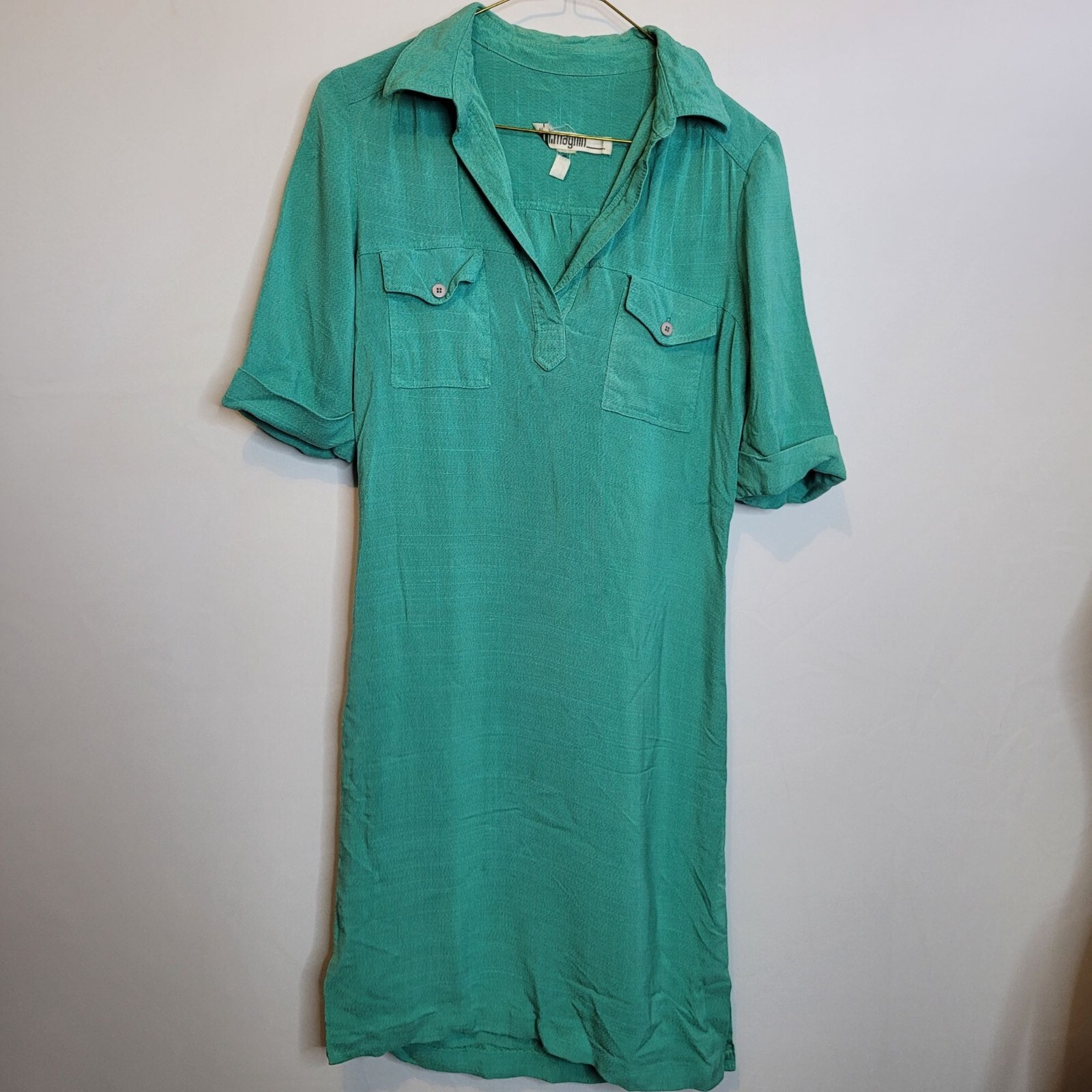 Vintage I Magnin Shirt Dress Green Pullover Size Small 80s Retro Dry Clean Only