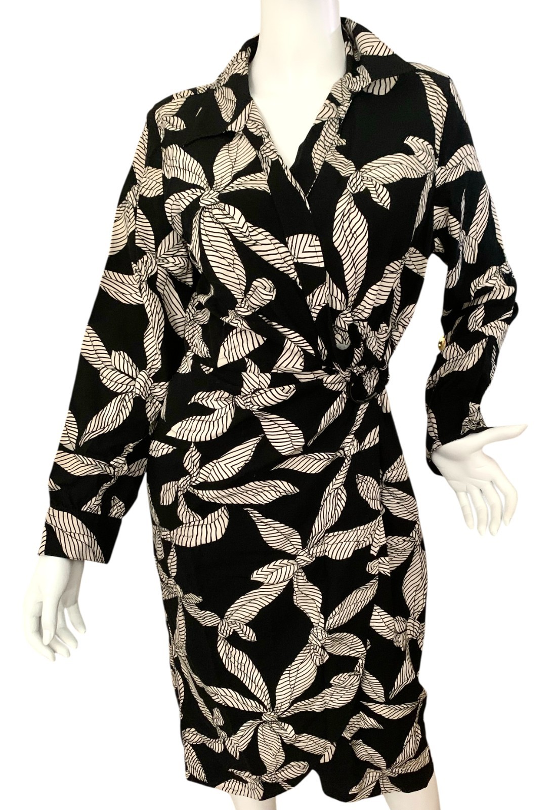 {LOFT} Dress Sz. 8-P Black/Beige Leaf Pattern V-Neck Cross Over Dressy