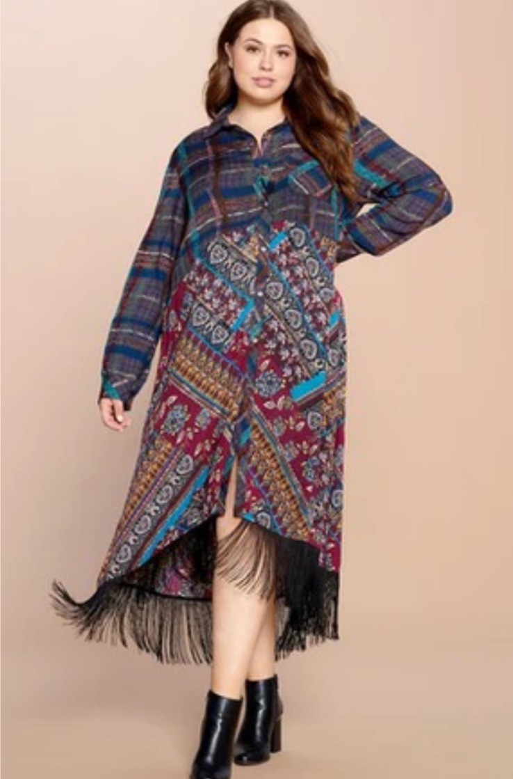 ODDI ODDY Boho Shirt Dress Fringe Mixed Materials Midi Size L Whimsy