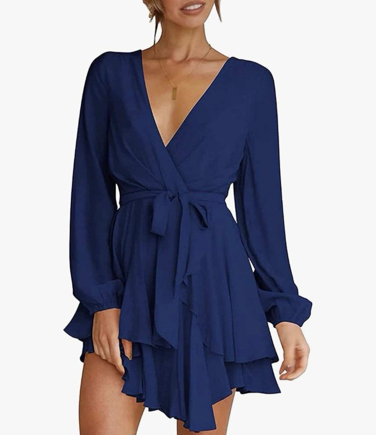 Cosonsen Blue M Skater Dress Tie Tiered Mini Zip Long Sleeve Vneck Party