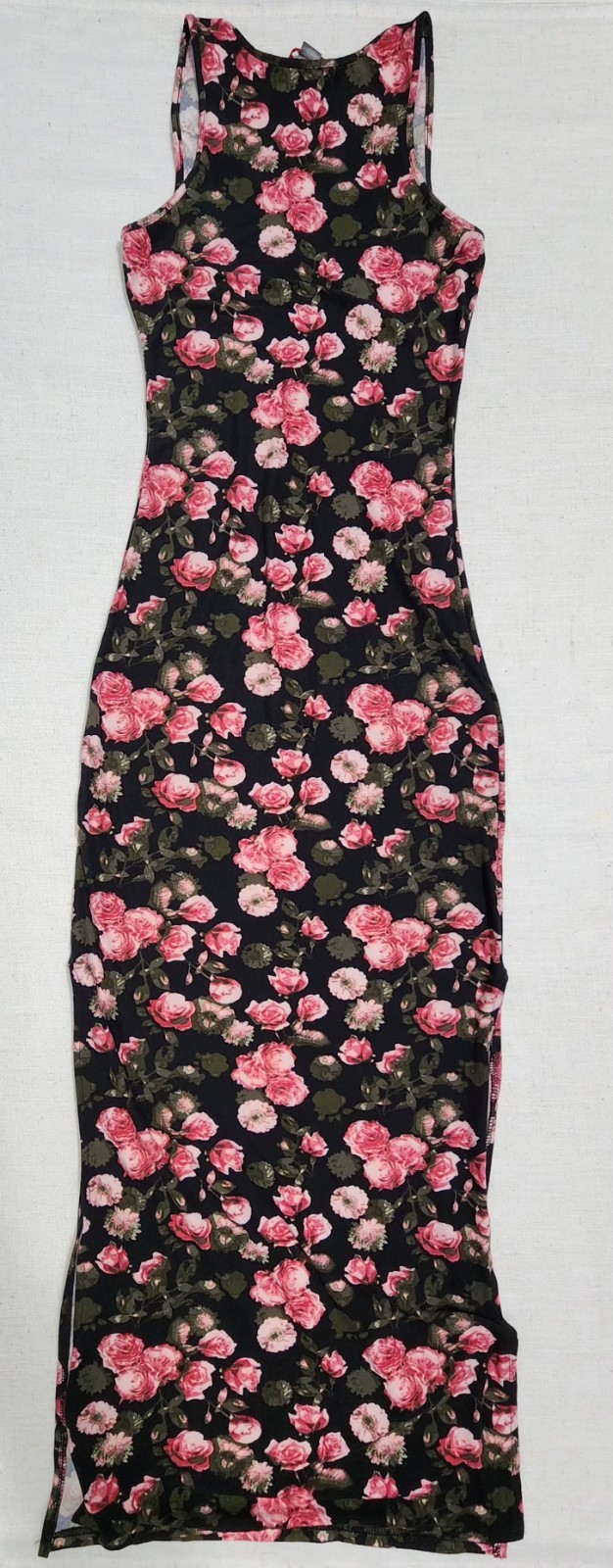 Hot Kiss S Black Pink Green Floral Rose Side Slits Maxi Dress Bodycon Sleeveless