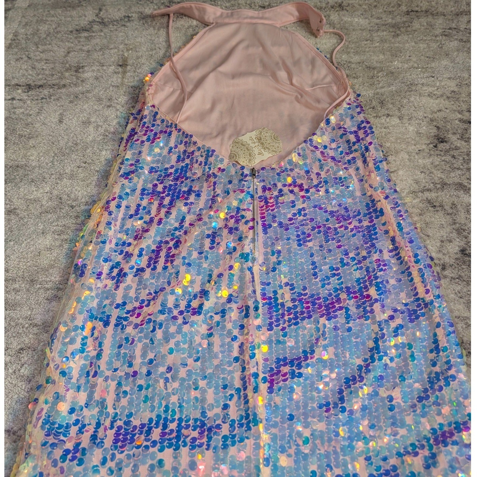 Altar’d State Opal Sequin Mini Dress L Halter High Neck Iridescent Mermaid Party
