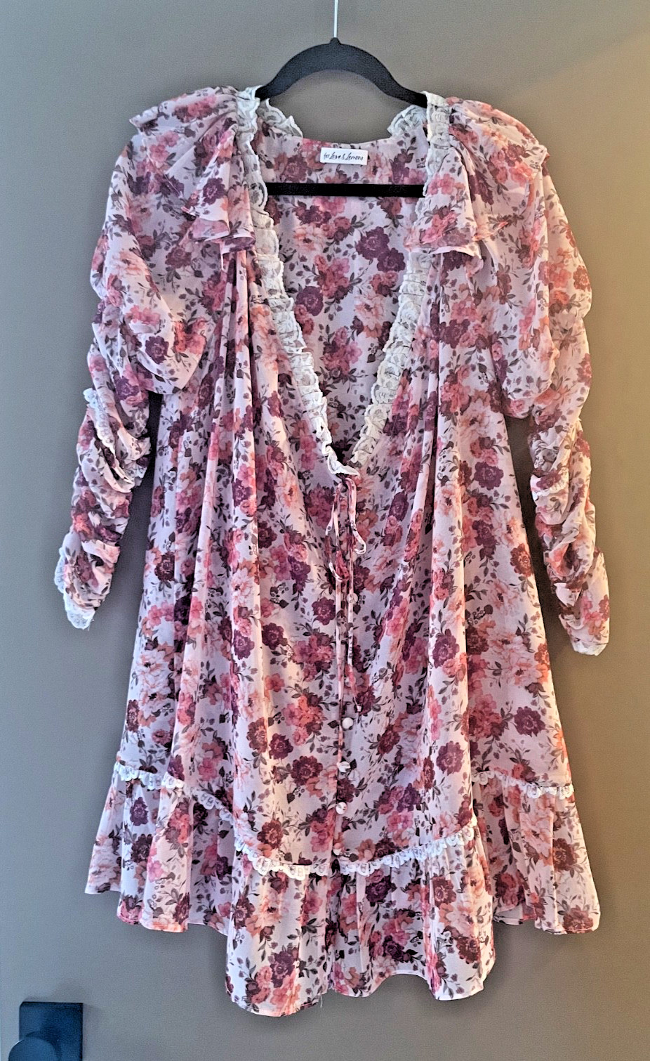 For Love & Lemons Evie Swing Mini Dress Pink Floral Tea Rose Ruched Lined Size M