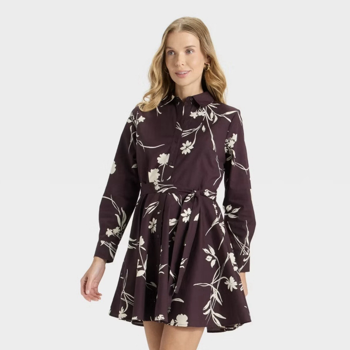 A New Day Women XS Purple White Floral Shirt Dress Collared Belted Cotton