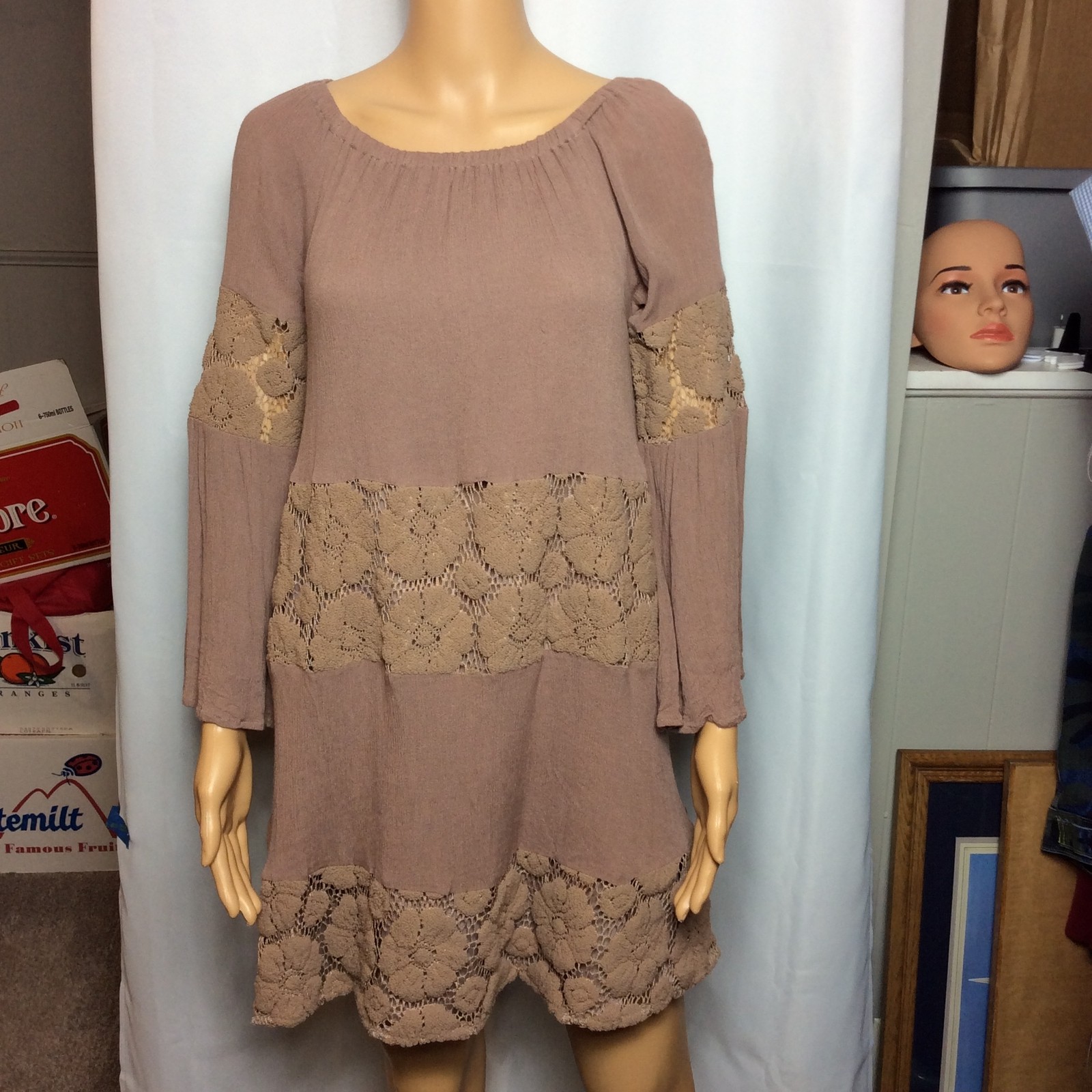 Umgee Mocha Lace Trim Long Sleeve Mini Dress Boho Romantic