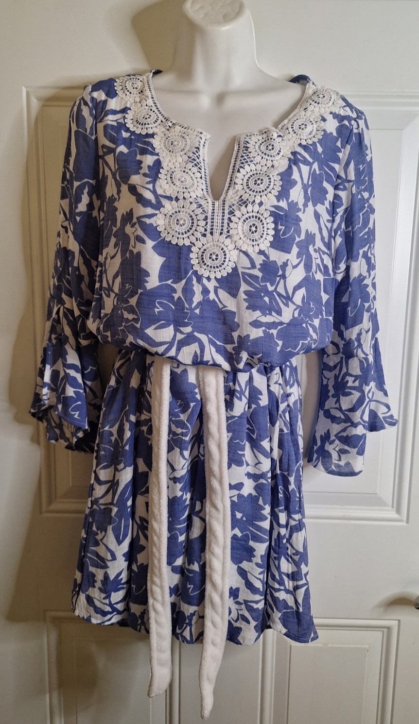 Robert Louis Blue & White Flare Sleeve Lined Tunic Dress Lace Trim V-Neck Small