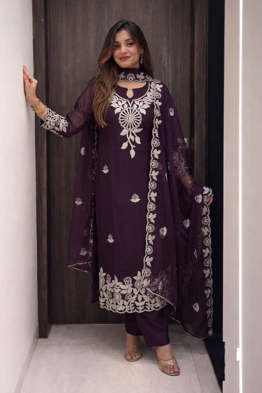 INDIAN PAKISTANI SALWAR KAMEEZ WOMEN PARTY WEAR SILK KURTI PANT DUPATTA SUIT SET