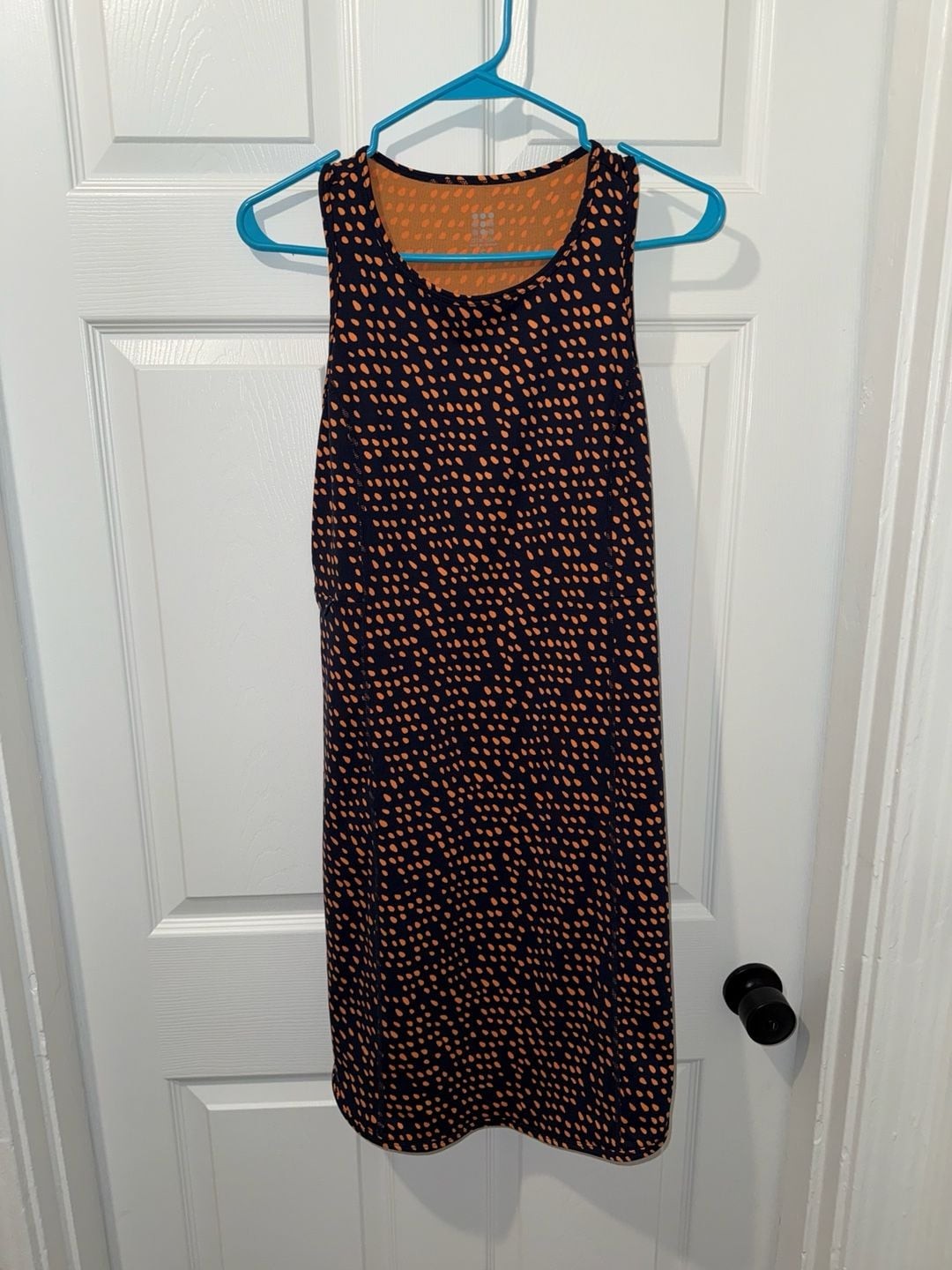 Title Nine Buttah Apex Athletic Dress in Navy Blue and Orange Dot Print