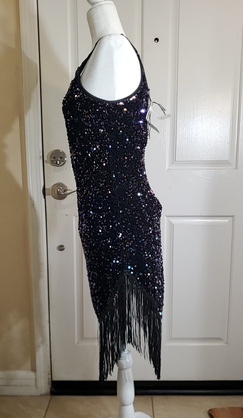 SIZE-S, ROARING 20s FLAPPER, BLACK SEQUINS DRESS. DESIGNER PIXEMAIN