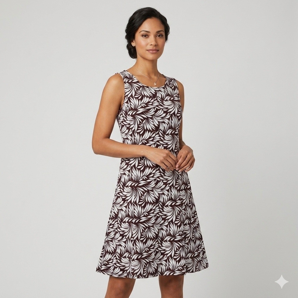 Susan Graver Dress Womens M Brown White Palm Leaf Sleeveless Mod Retro Vacation