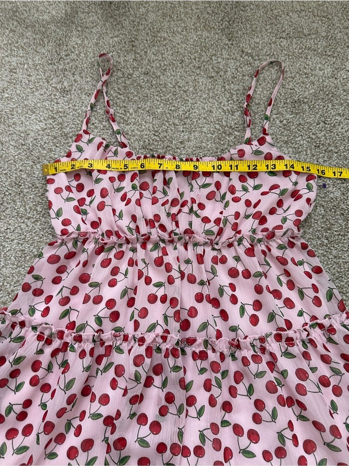 Trixxi Pink Cherry Print Tiered Babydoll Dress – Size M