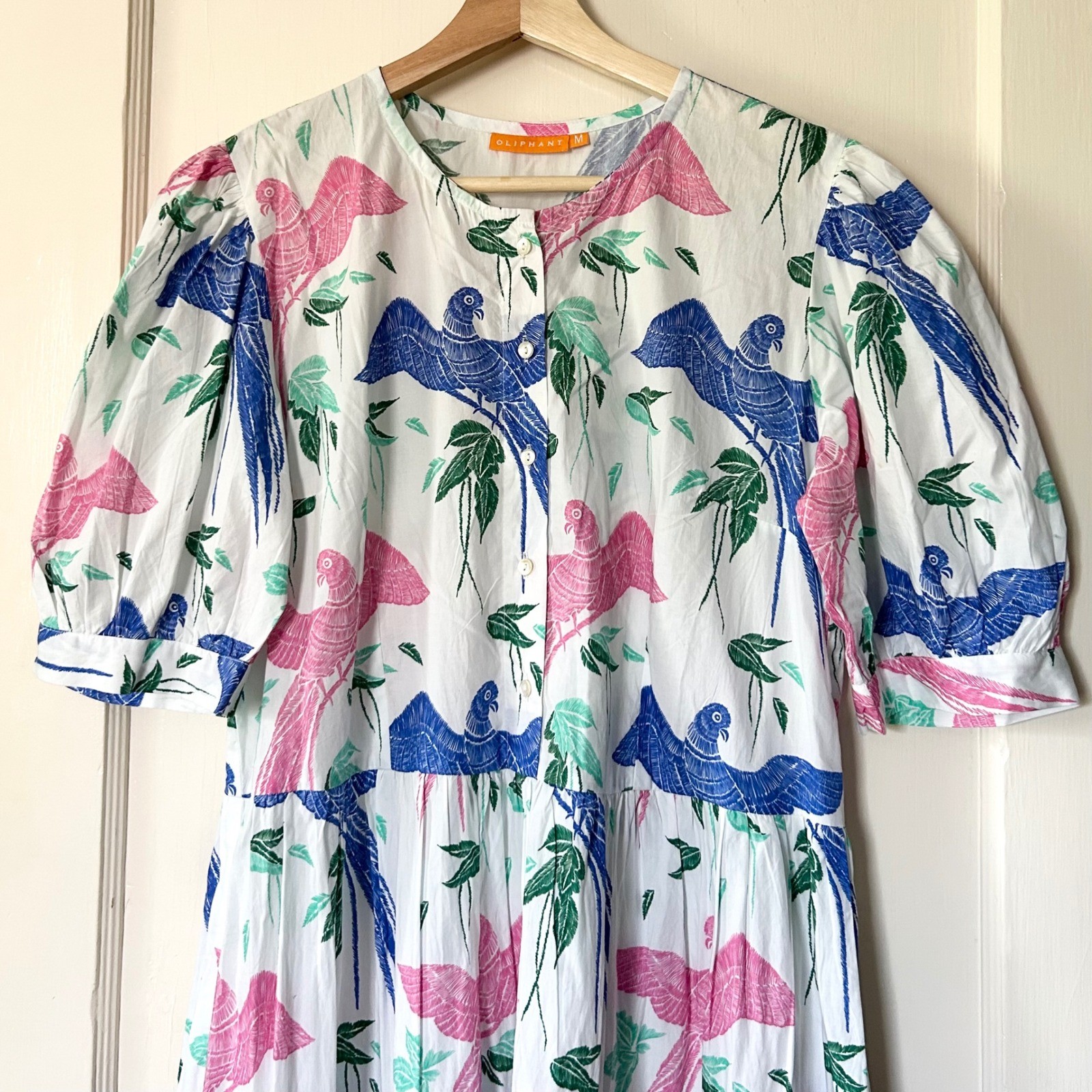 Oliphant Cotton Button Cuff Sleeve Maxi Dress Macaw Blue Pink M Vacation Summer