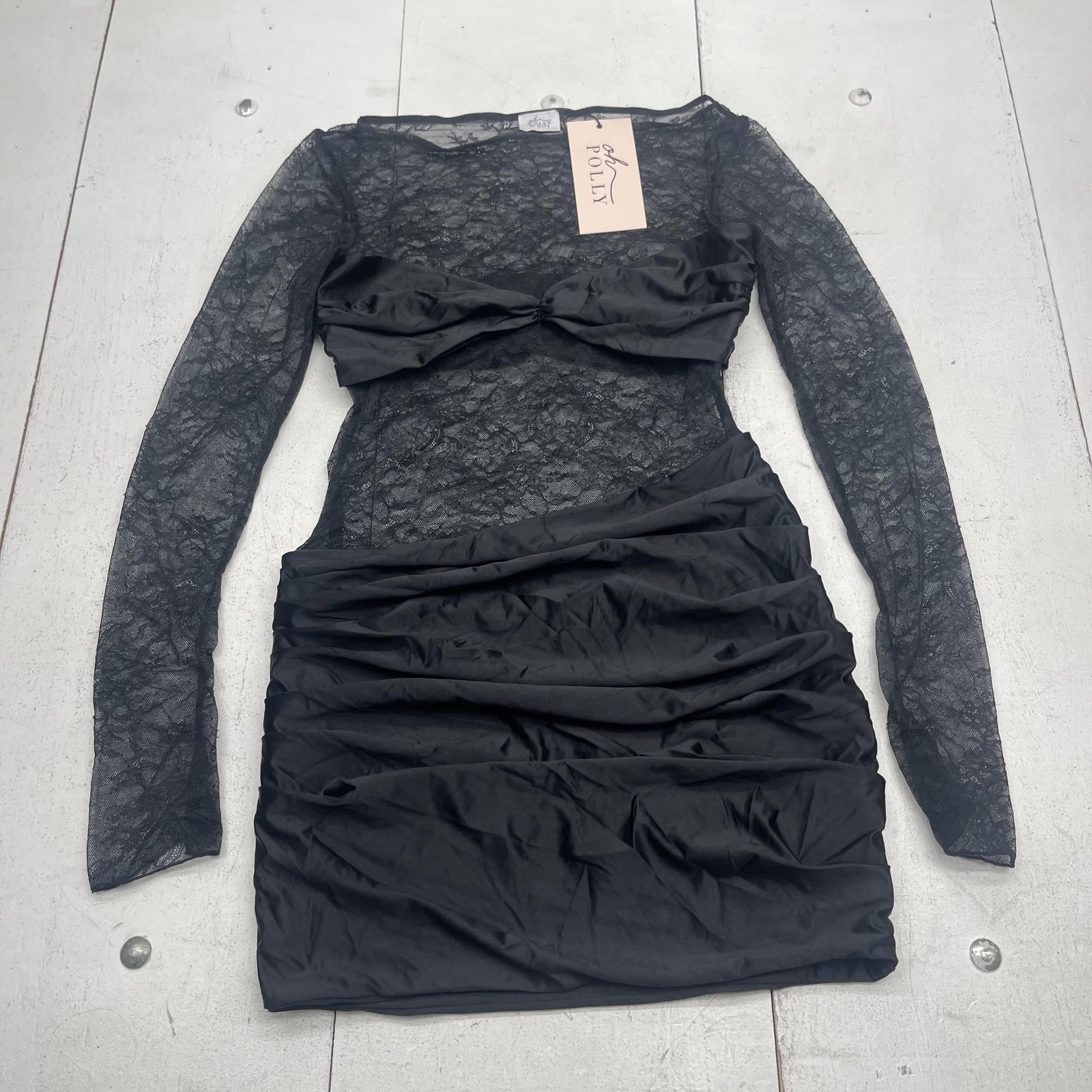 Oh Polly Dress Womens 8 Black Lace Sheer Long Sleeve Ruched Bodycon Mini Party