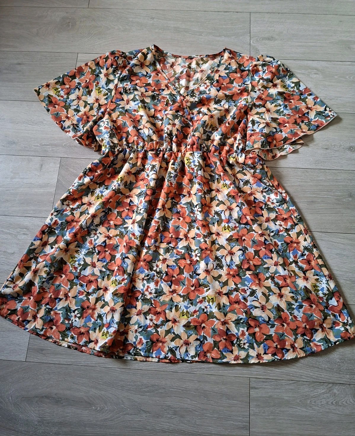 Shein Orange & Green Floral Print Silky Flared Dress Boho Holiday UK22/24 (4XL)