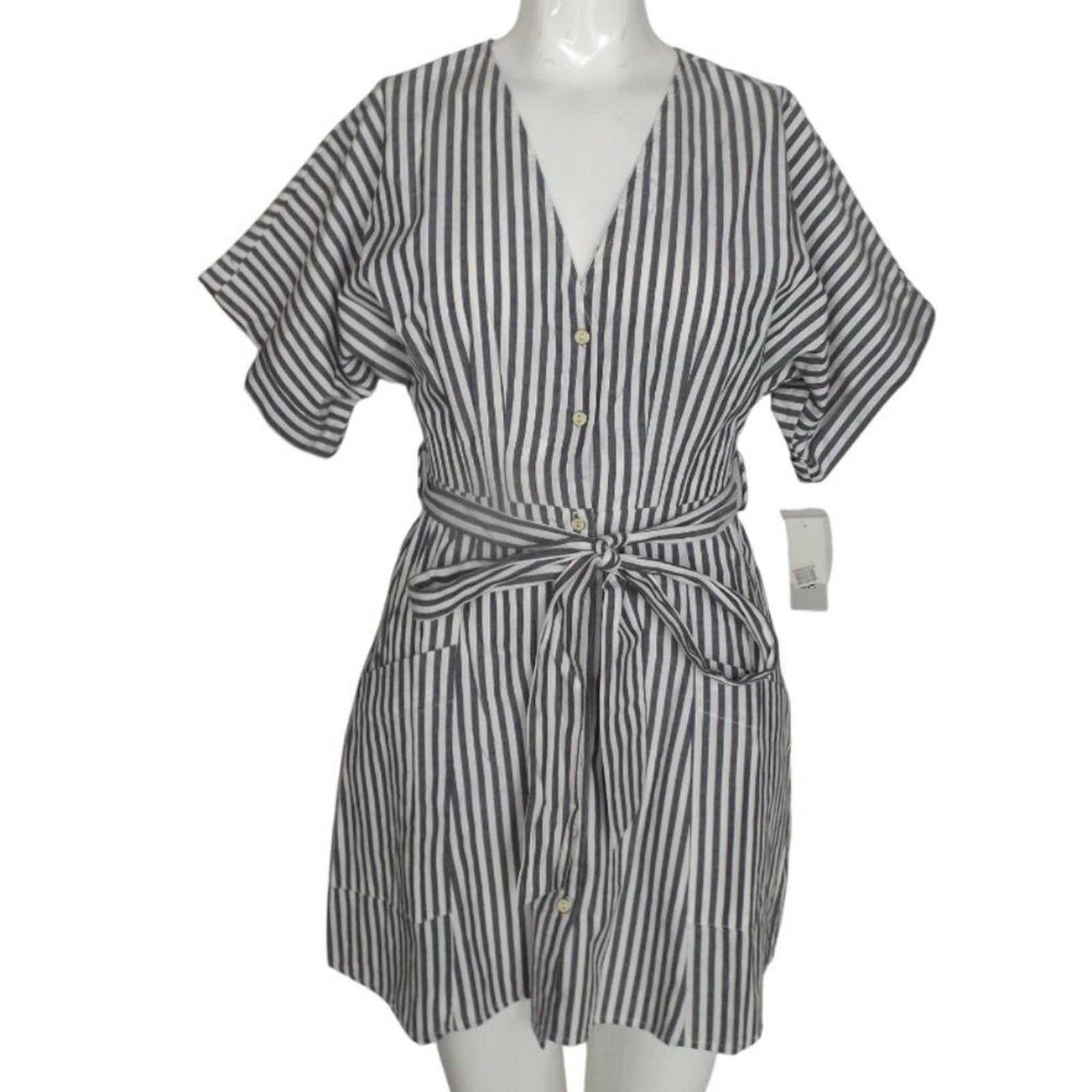 new BP Dress, XXS, Grey/White Stripes, Mini, Buttons, Pockets, Summer, Belt