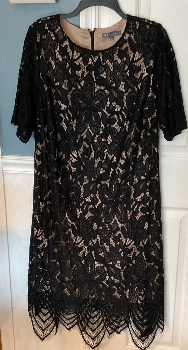 Sharagano Dress Womens Size 16W Black Lace Overlay Shift Scalloped Hem