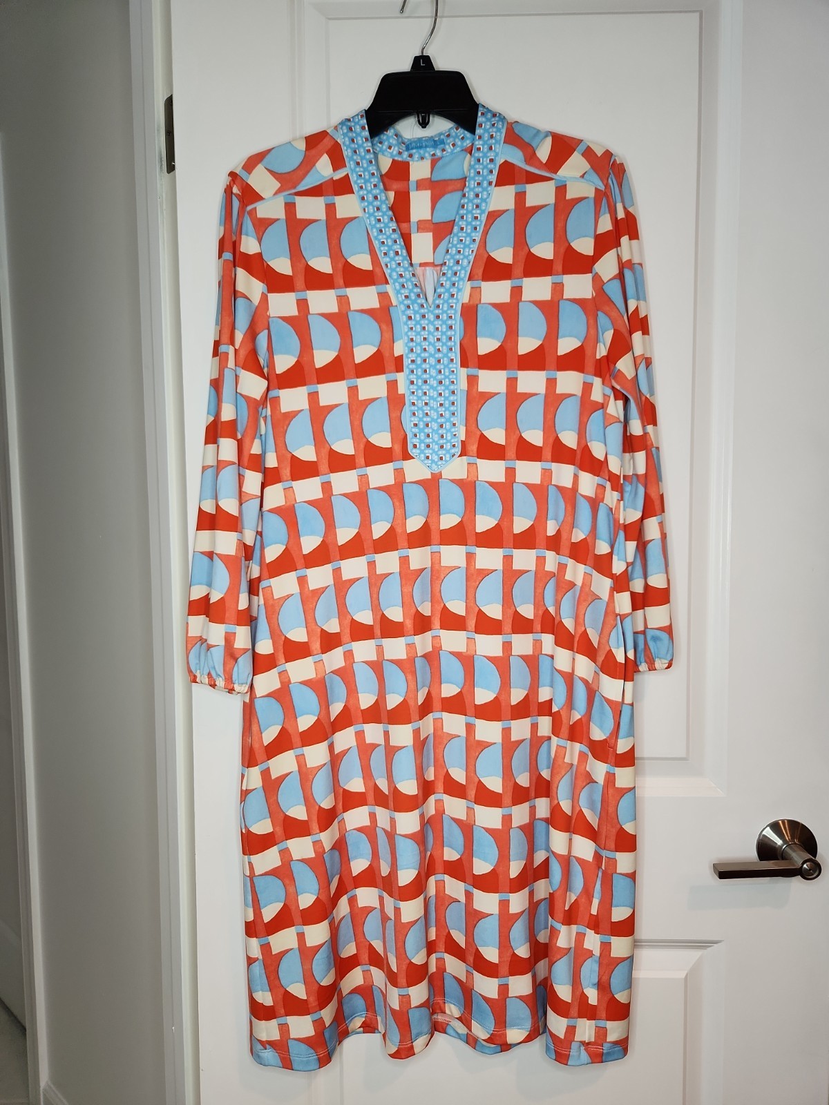 J McLaughlin Emer Shift Dress Womens L Blue Orange Wht Geometric Print $288 RARE