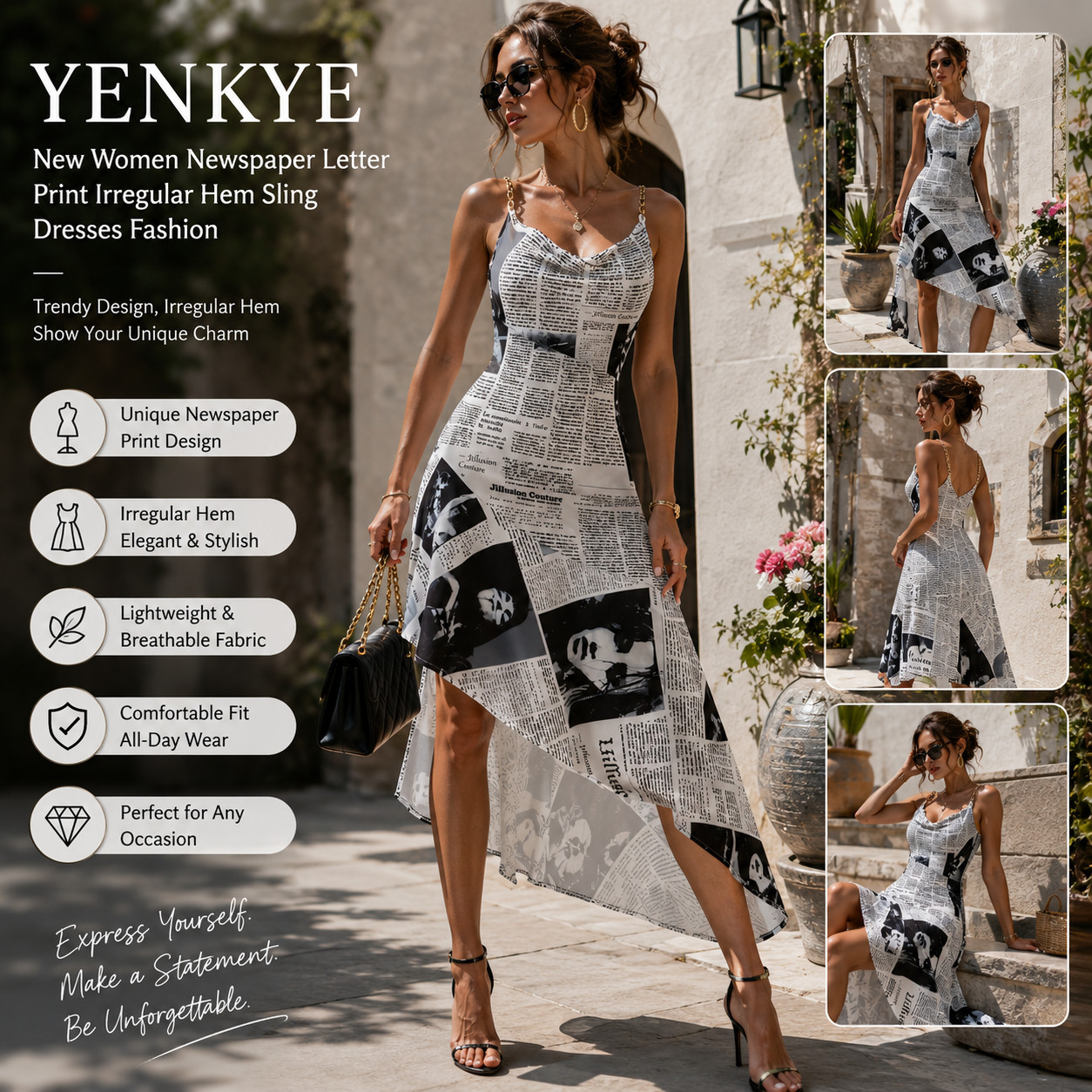 YENKYE New Women Newspaper Letter Print Irregular Hem Sling Dresses Fashion