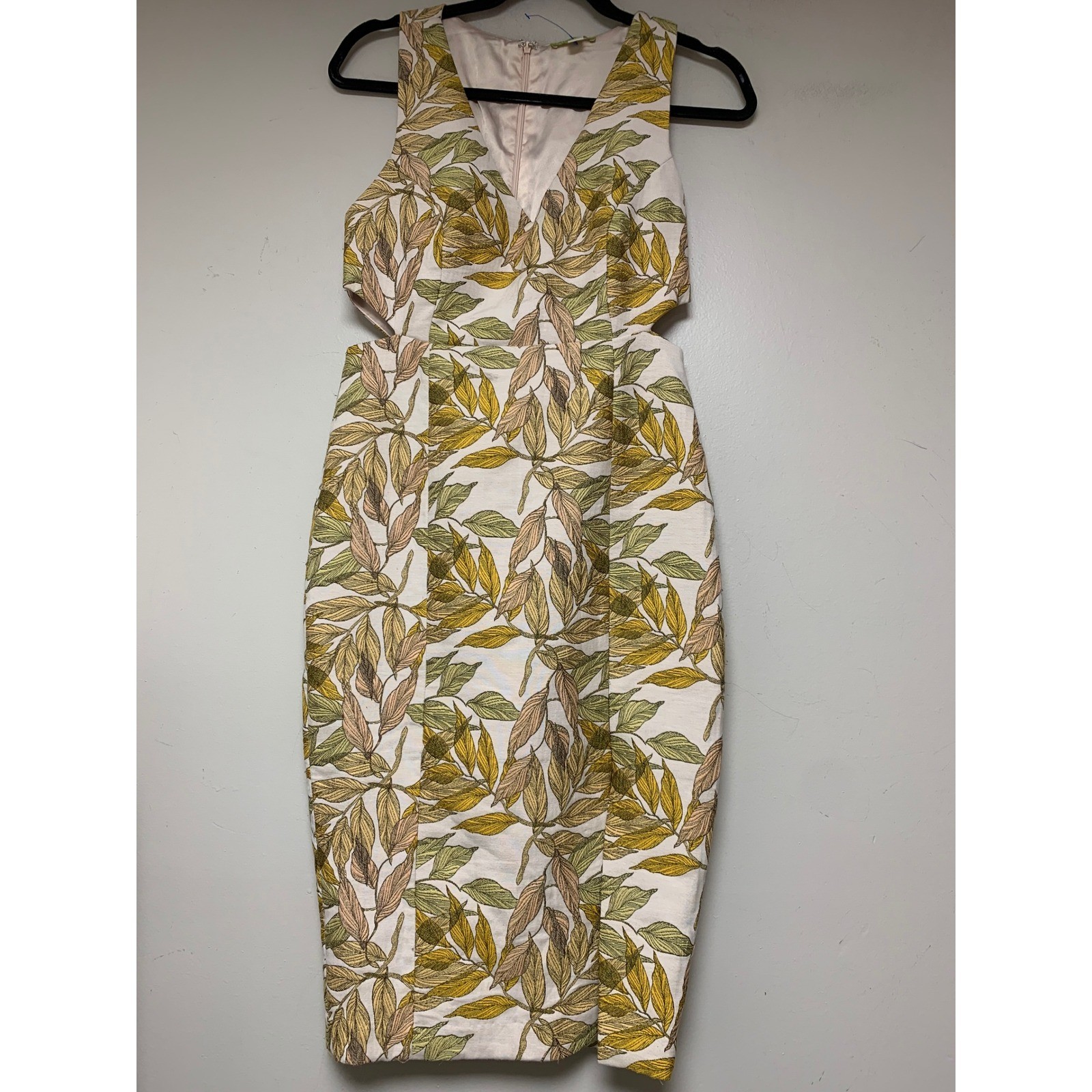 Gianni Bini Sheath Dress Womens Small Yellow Green Leaf Cut-Out Excellent Midi
