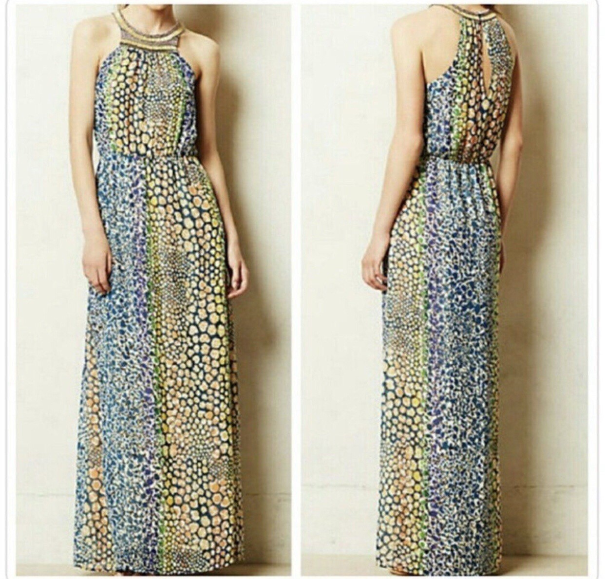 Anthropologie HD in Paris Mayacamas Maxi Dress US 4 Small Beaded Neck Multicolor