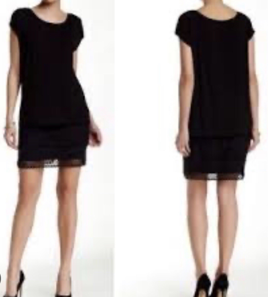 BAILEY 44 T Shirt Dress L Black Lace Embroidered Trim Overlay Top Raw Hem Sleeve