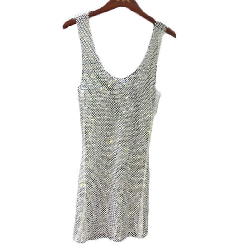 Women Rhinestone Mesh See Through Tank Dress Slim Fit Sleeveless Short Bodycon