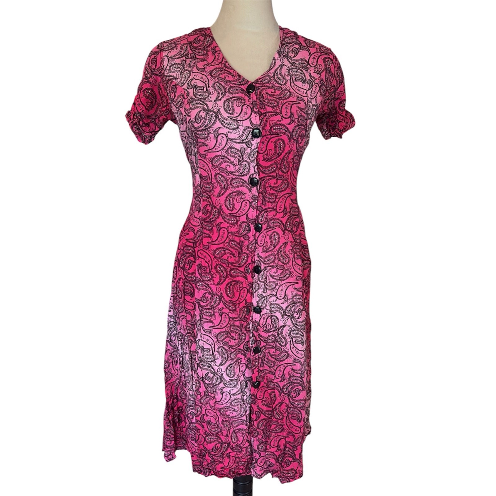 Y2K Vintage Eruxz Pink and Black Whimsygoth Paisley Button-Front midi Dress