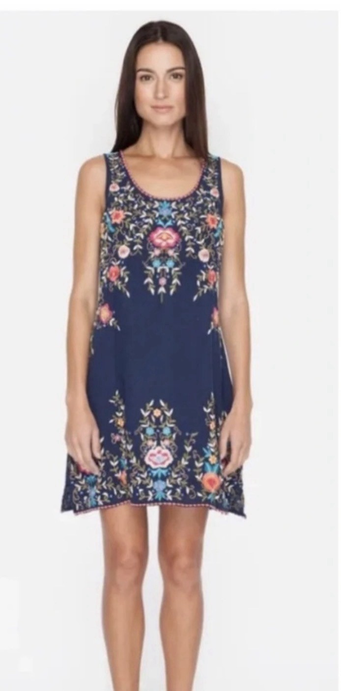 Johnny Was Embroidered Floral Shift Dress Size Small Navy Blue