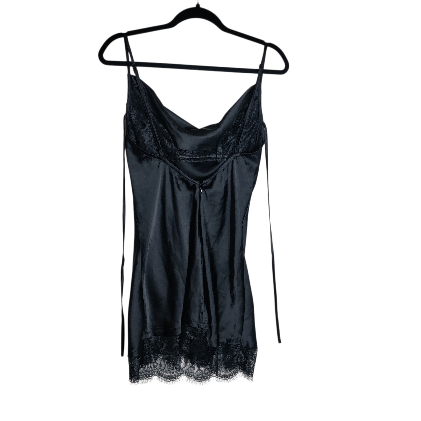 Out From Under Black Satin Cowl Neck Lace Trim Slip Mini Dress Small