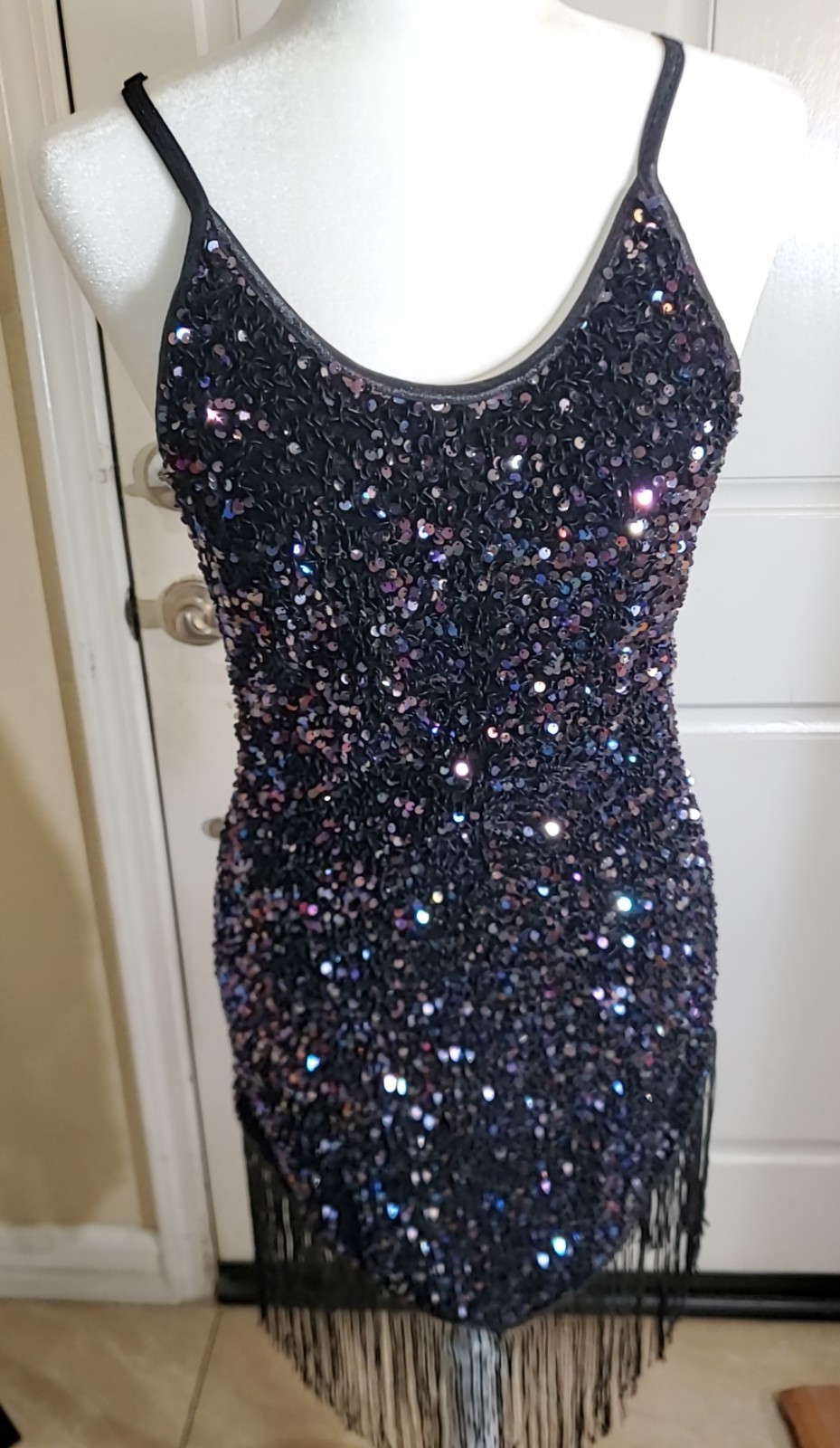 SIZE-S, ROARING 20s FLAPPER, BLACK SEQUINS DRESS. DESIGNER PIXEMAIN