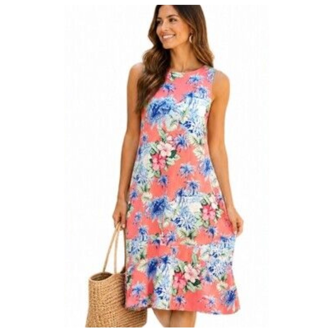 Tommy Bahama Tropical Floral Dress Womens Medium Coral Blue Resortwear Vacation