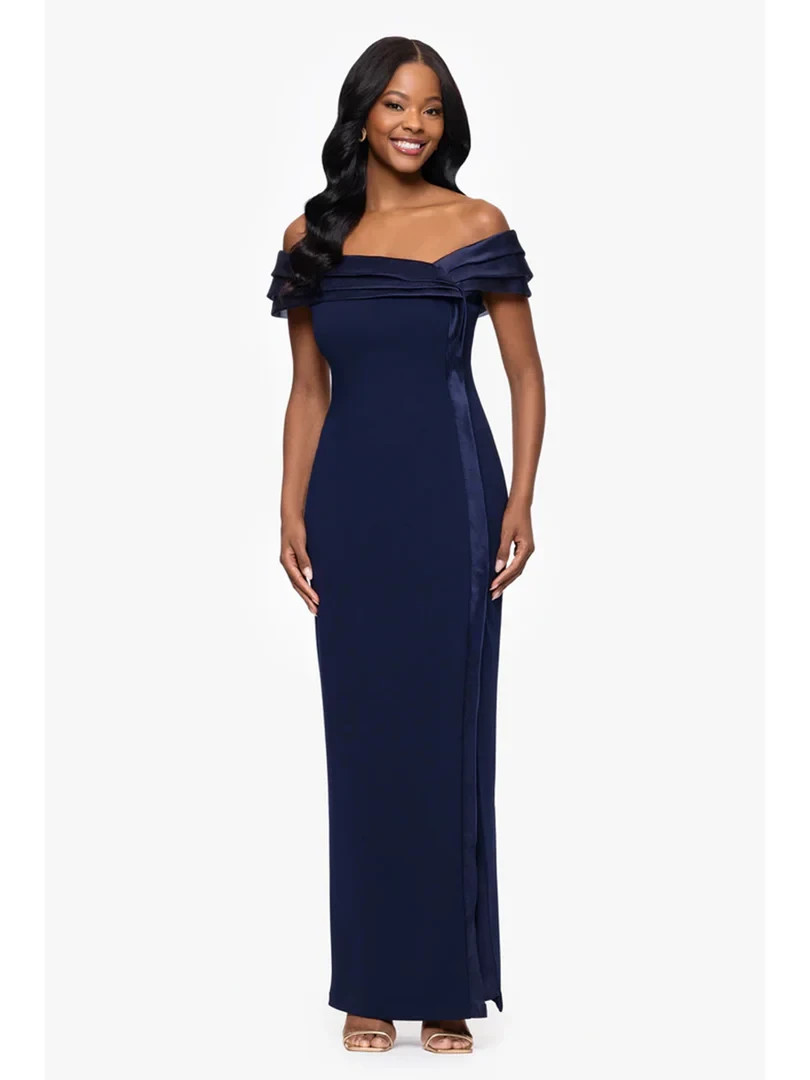 Betsy And Adam Navy Blue Off-The-Shoulder Organza Crepe Dress Size 12 $268