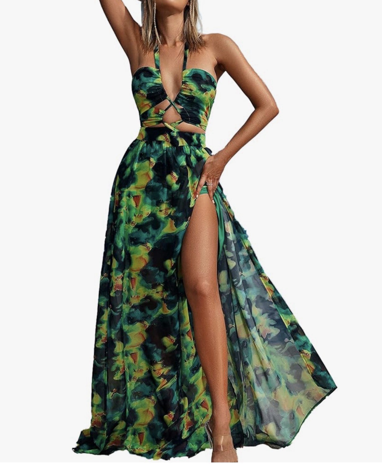 Bella Barnett Hawaiian Tropical Printed Maxi Dress Size M Green New