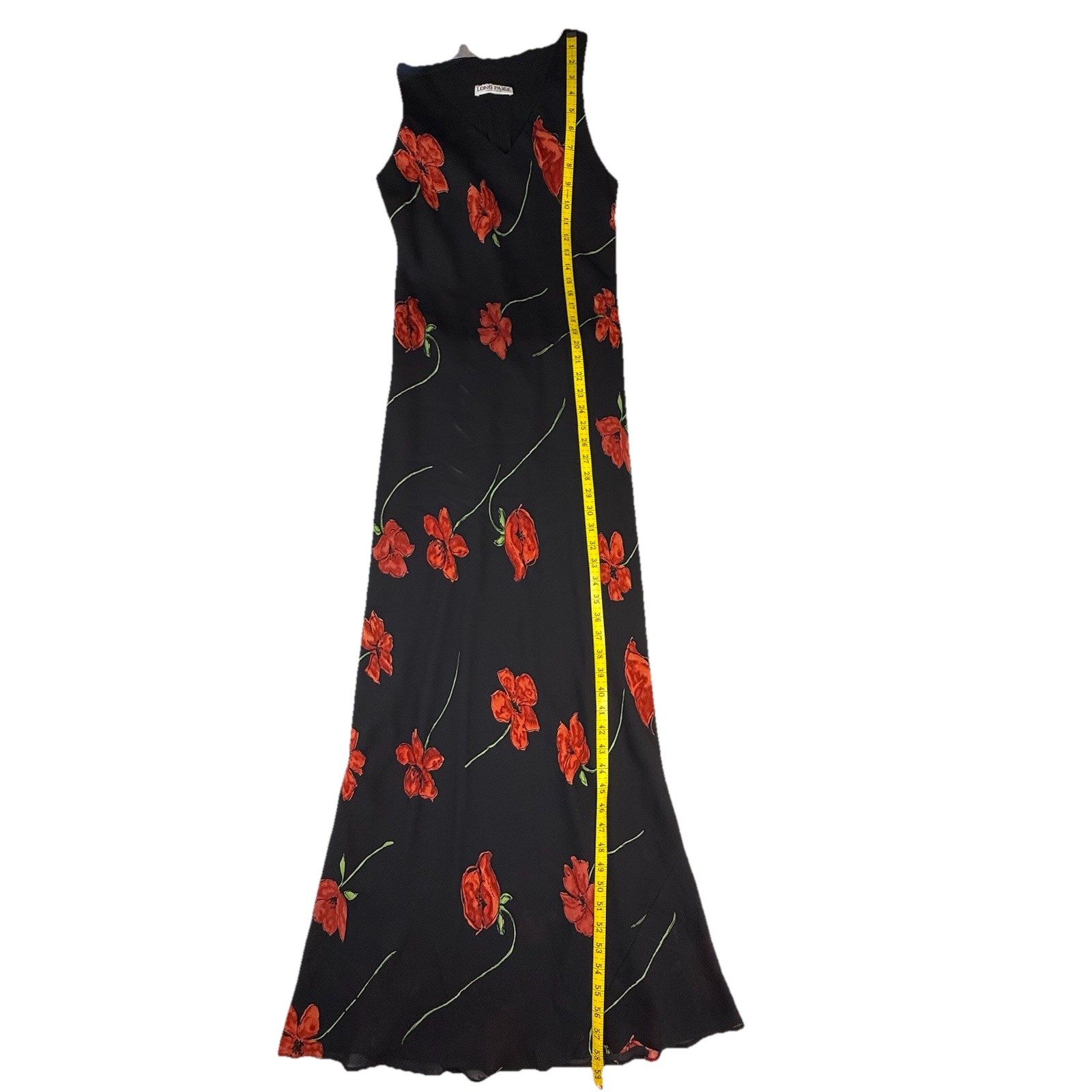 VTG Long Paige New York Black Red Floral Dress S Prom Party Maxi Formal 60’s