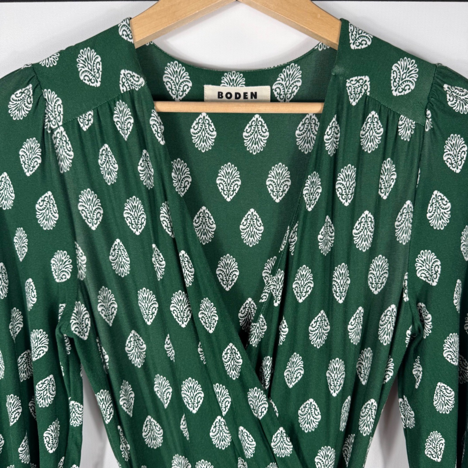 Boden Ophelia Wrap Dress Womens 8 Green White Jersey Block Print Tiered Maxi