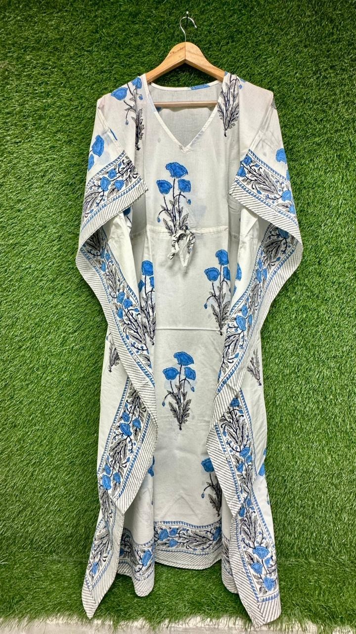 Women’s Hand Block Cotton Kaftan Dress Blue Floral Boho Beach Maxi Free Size US